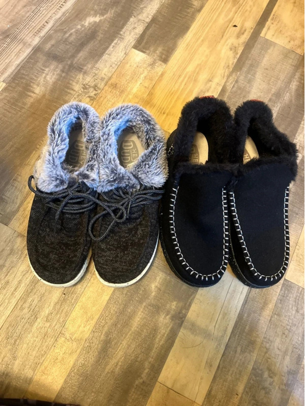 Two pairs hey dude fluffy boots sneakers shoes